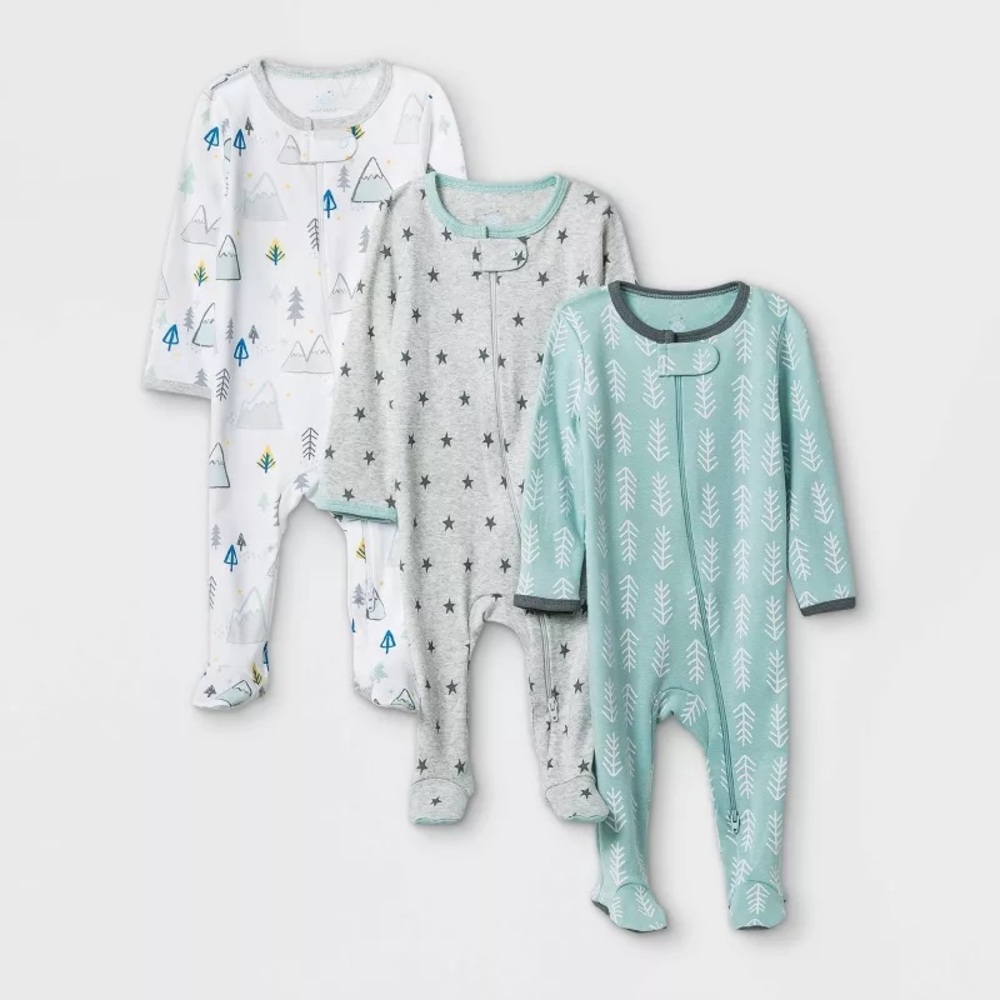 NWT l Cloud Island l Set of Three Baby Sleepers in White and Mint l Size: 0-3M